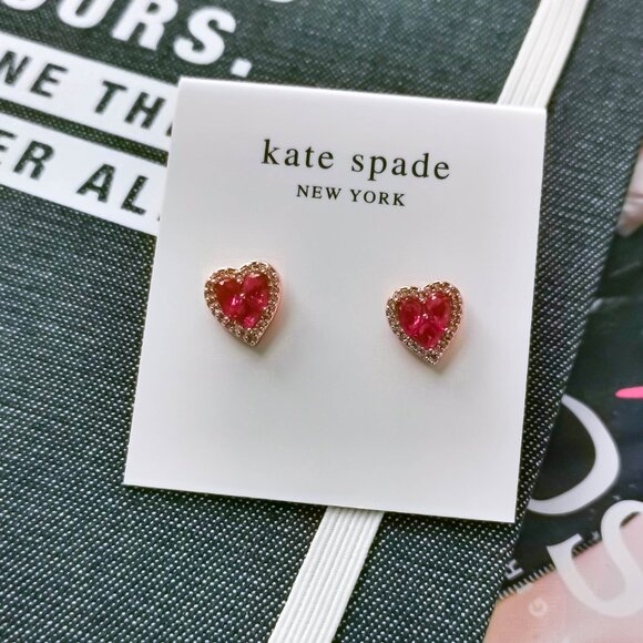 Kate Spade Jewelry - New Rose Gold Kate Spade Spell It Out Heart Red Stud Earrings